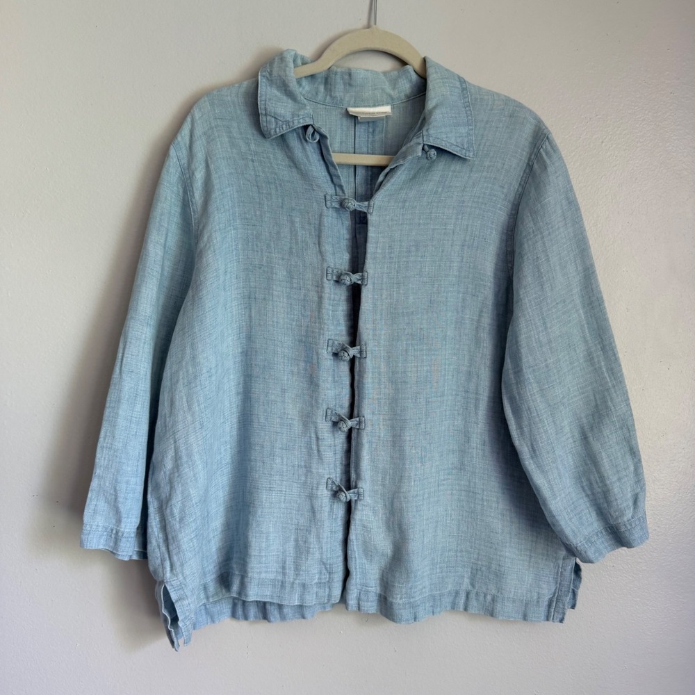 Vintage Jones New York Sport 100% Linen Frog Knot Button Down Shirt Blue L